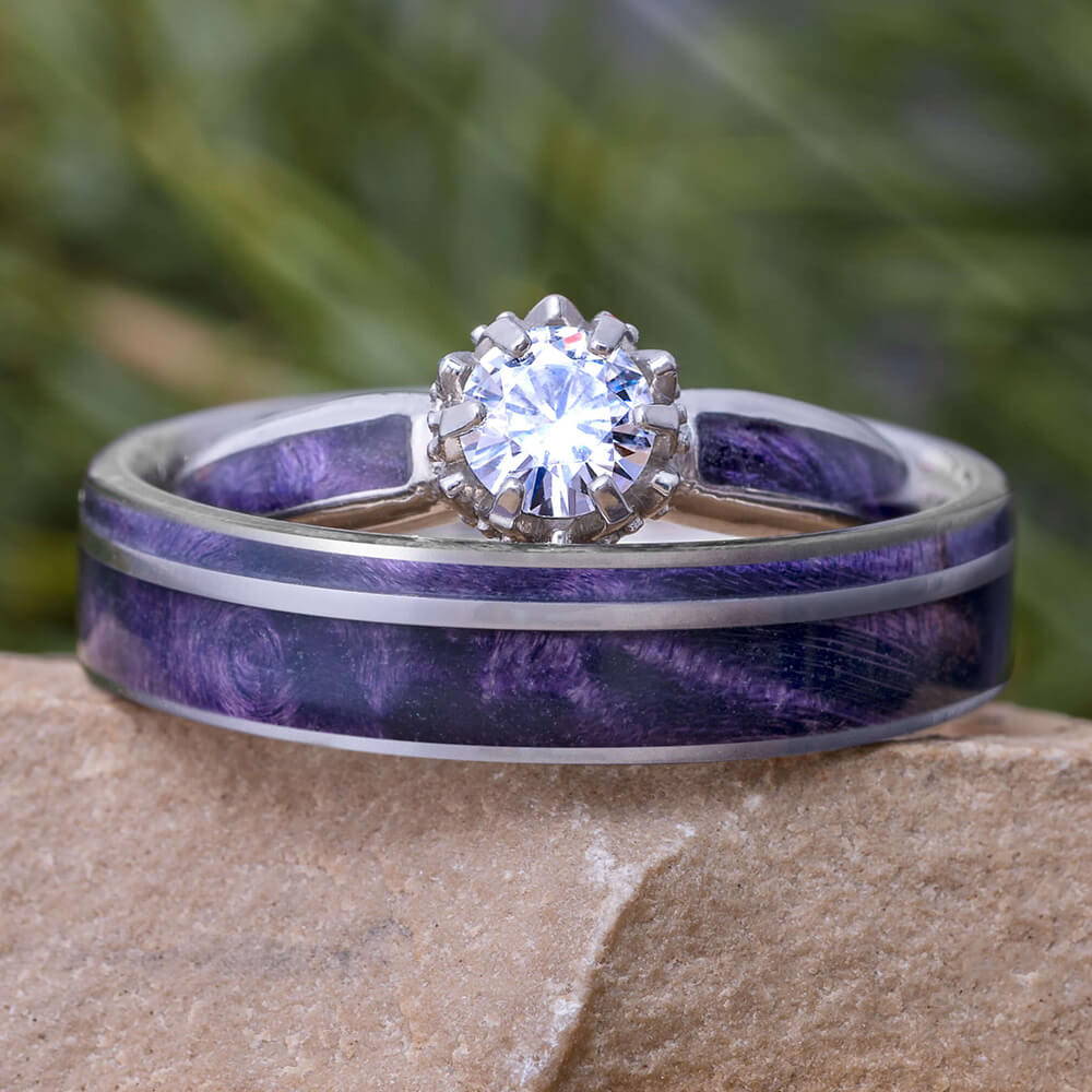 Purple Wood Engagement Ring and Wedding Band