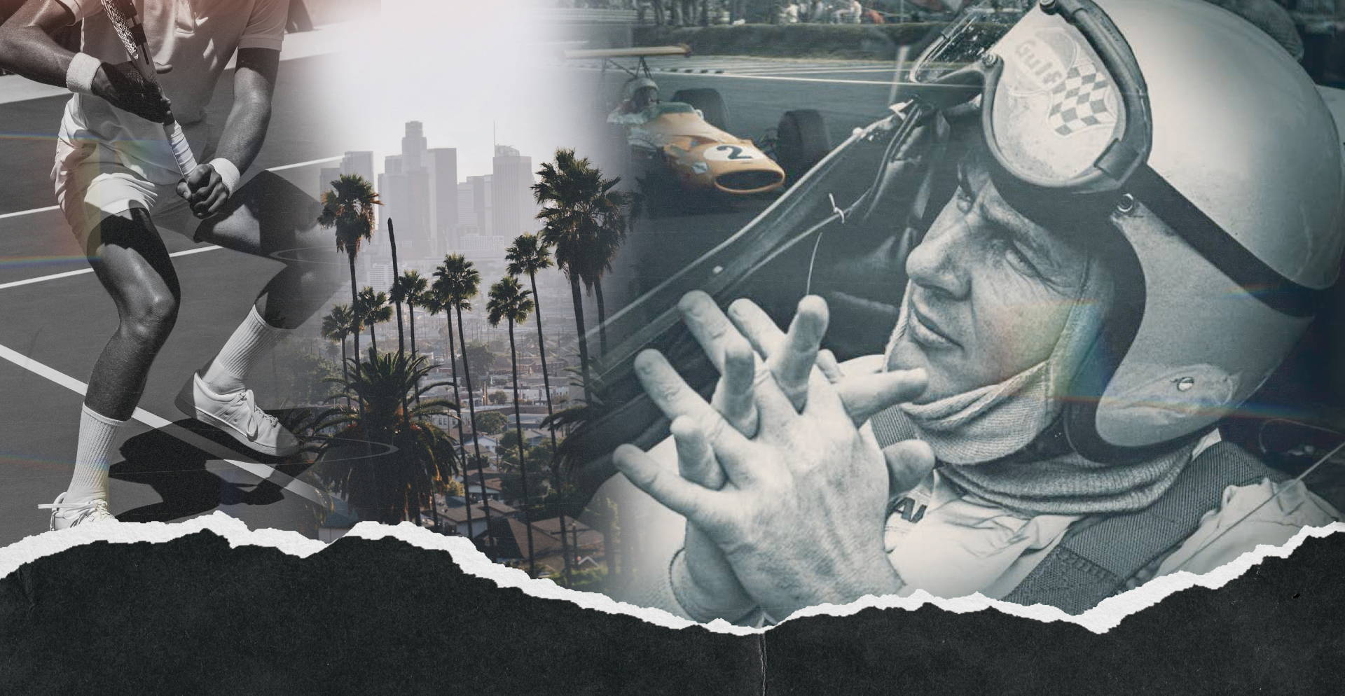 Image on left of a tennis player wearing K-Swiss sneakers. Image in the middle of palm trees and the Los Angeles skyline. Image on the right of a McLaren driver wearing racing gear.