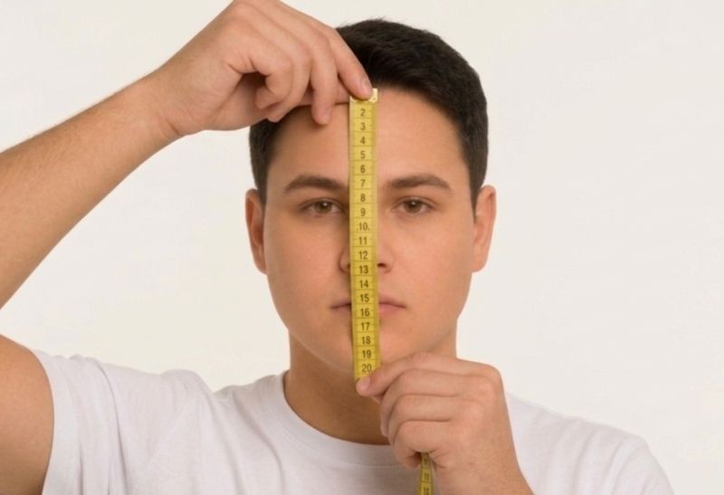 man measuring his face length with measuring tape