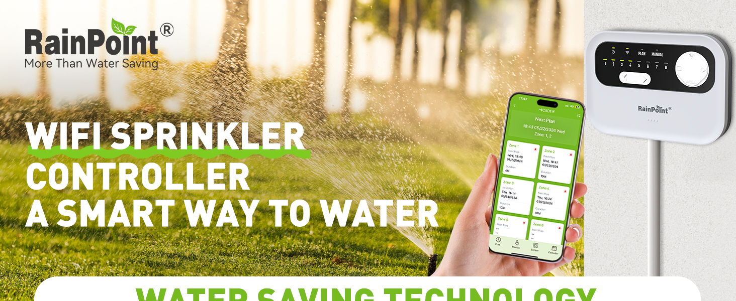 WiFi sprinkler controller advertisement with smartphone and water-saving technology.