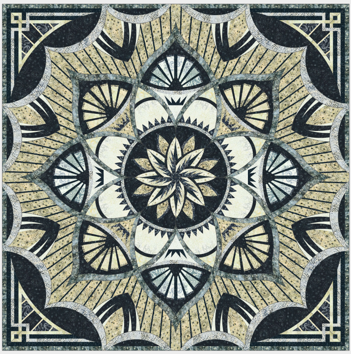 Decorative geometric tile design featuring a floral motif in black and beige.