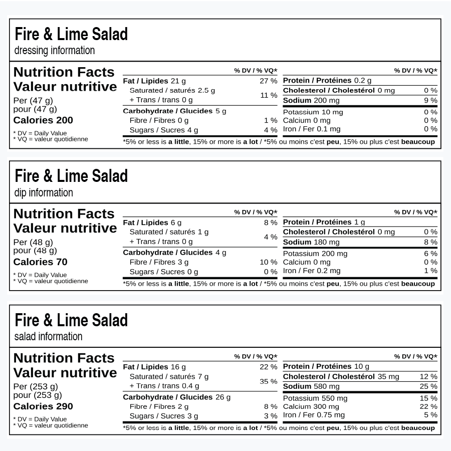 Nutritional information for Fire & Lime Salad and its dressing.