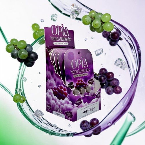 Packaging of Opia flavored gummies with grapes and abstract design.