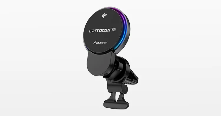 Black car mount with colorful LED indicator for devices.