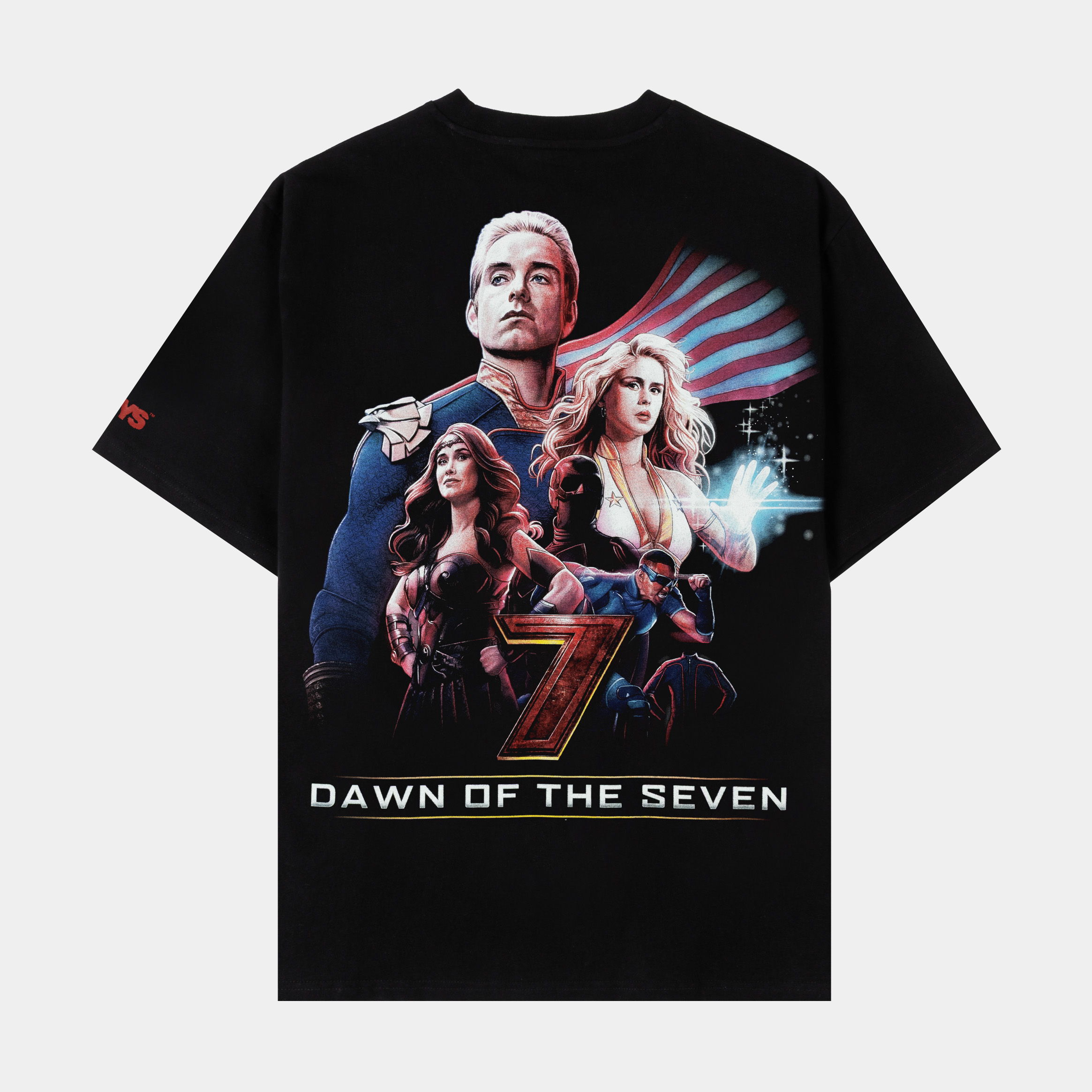 Black t-shirt with a logo on the front and a red tag.