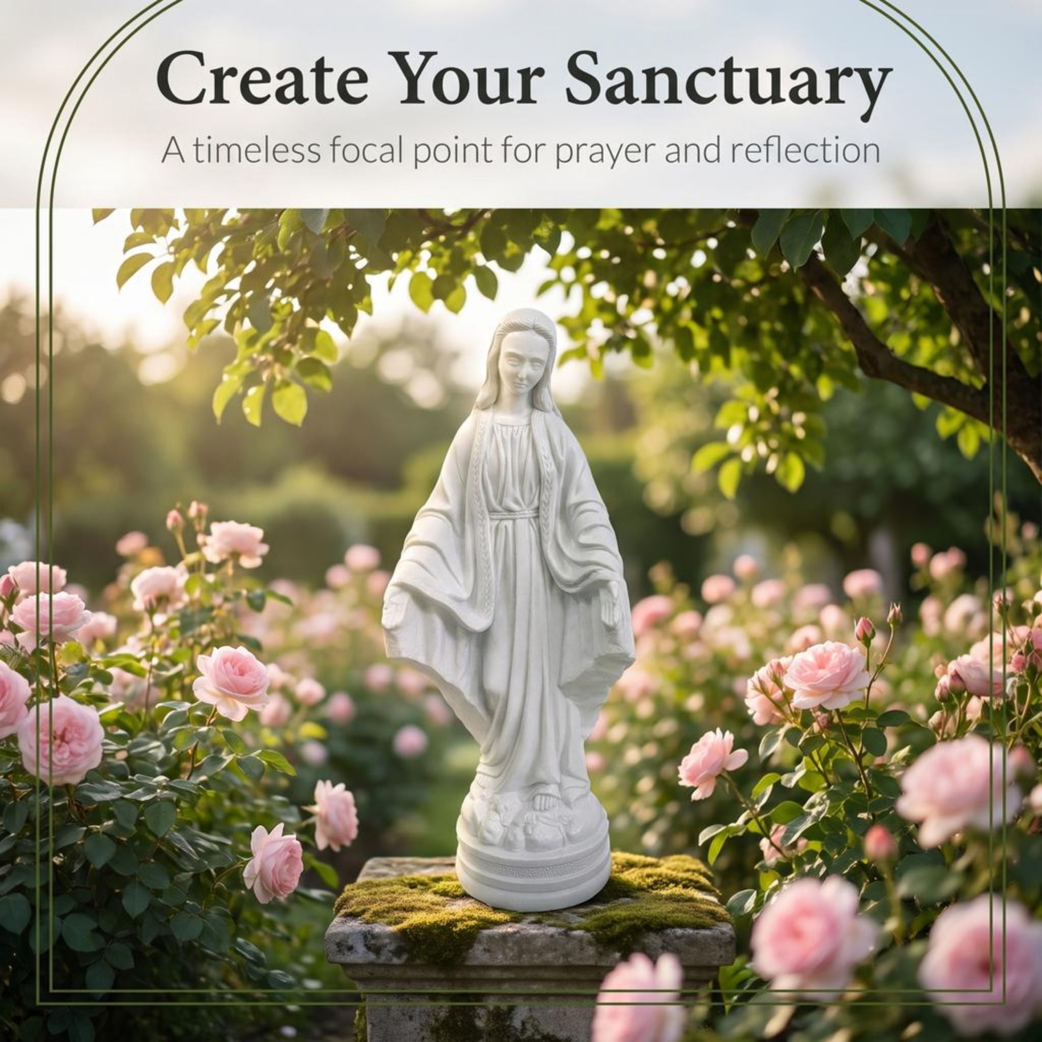 Virgin Mary garden statue on a pedestal in a garden of flowers