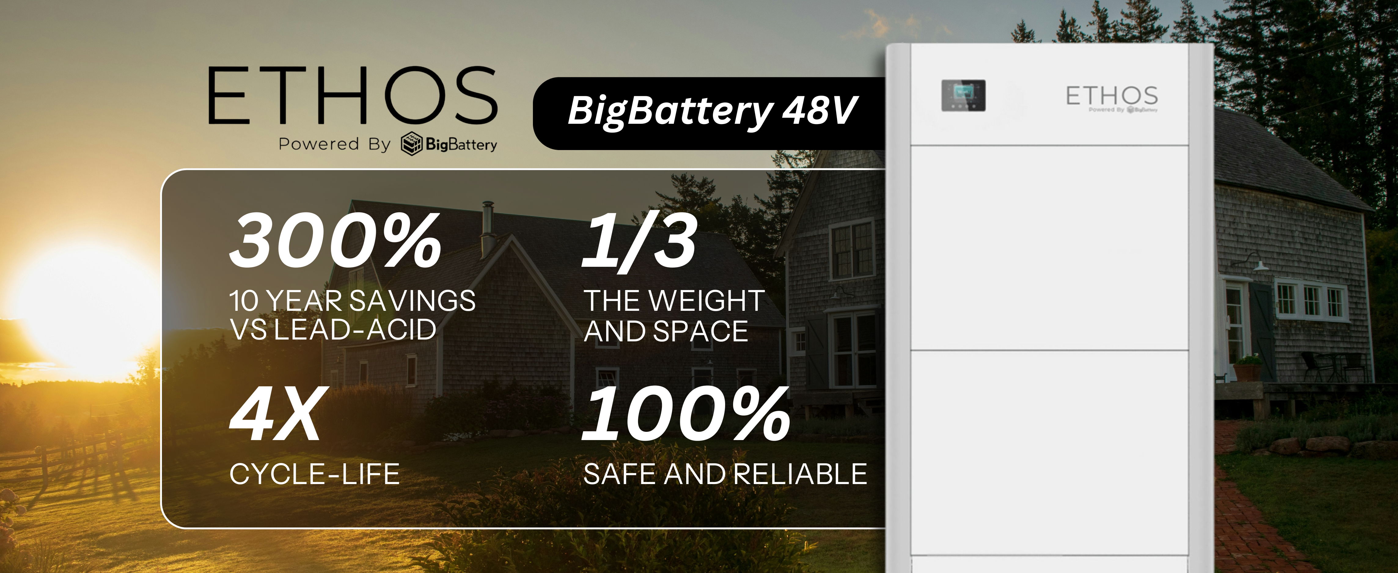 Ethos product advertisement highlighting efficiency and reliability features.