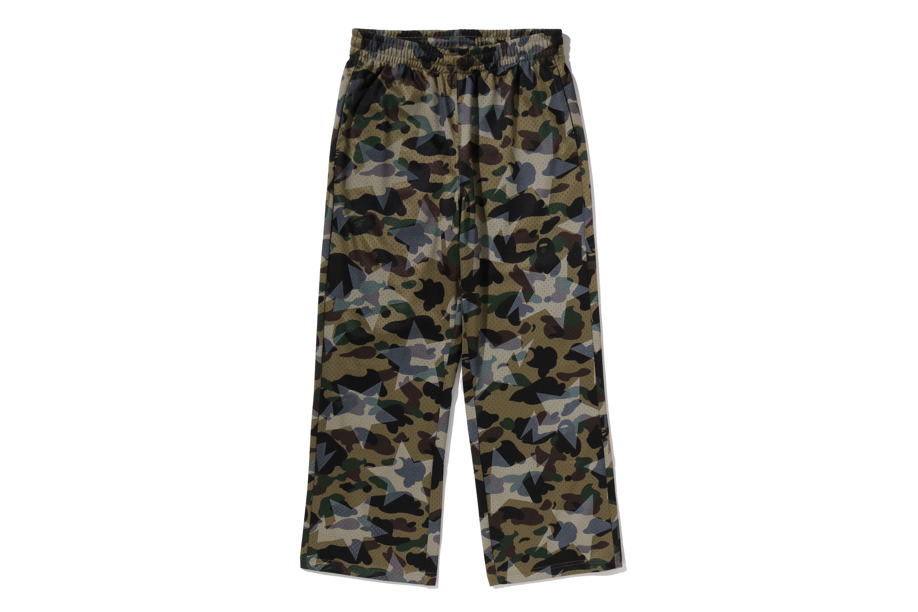 Camo-patterned pants with an elastic waistband, displayed flat on a white background.