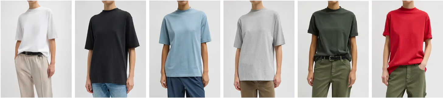 Various t-shirts displayed in different colors on models.