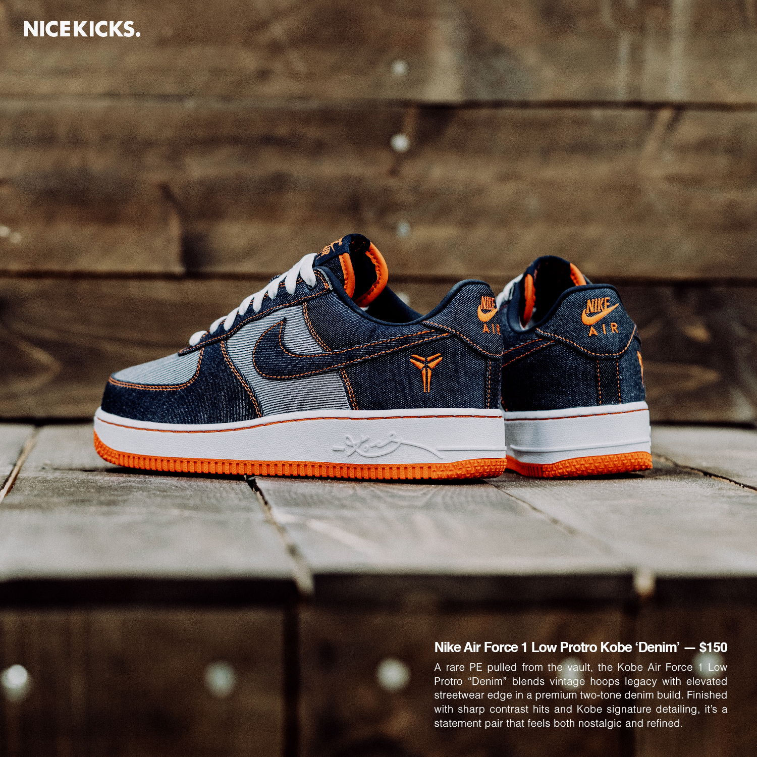 Nike Air Force 1 shoes in dark color with orange accents on wooden background.