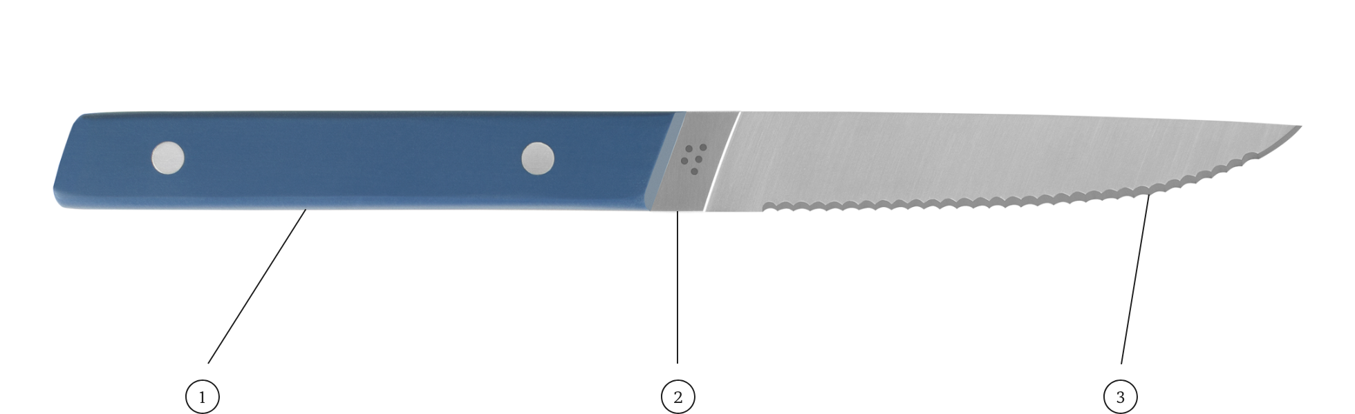 A Blue Misen Steak Knife seen from the side, with riveted handle, serrated blade edge, and Misen logo visible.