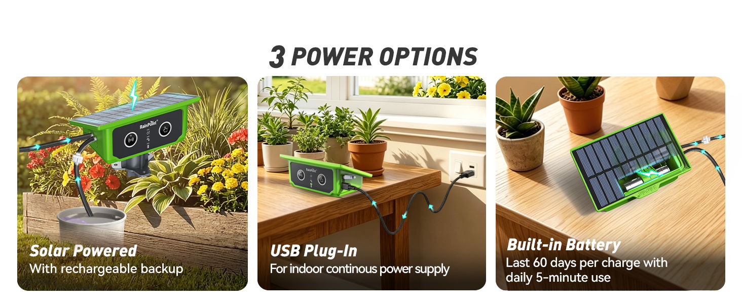 Three power options: solar, USB plug-in, and built-in rechargeable battery.