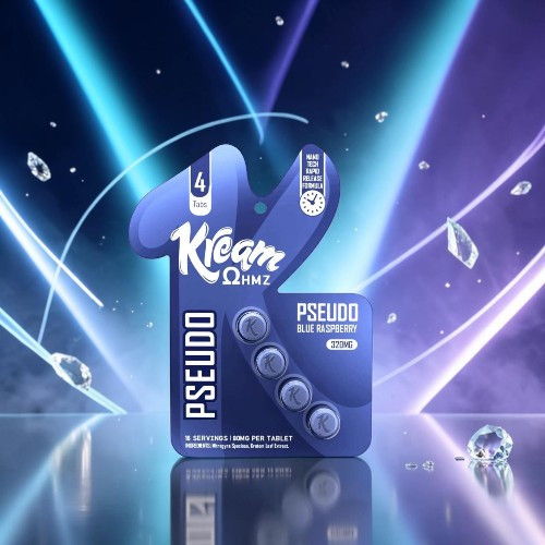 Kleam Pseudo product with blue packaging and sparkling background.