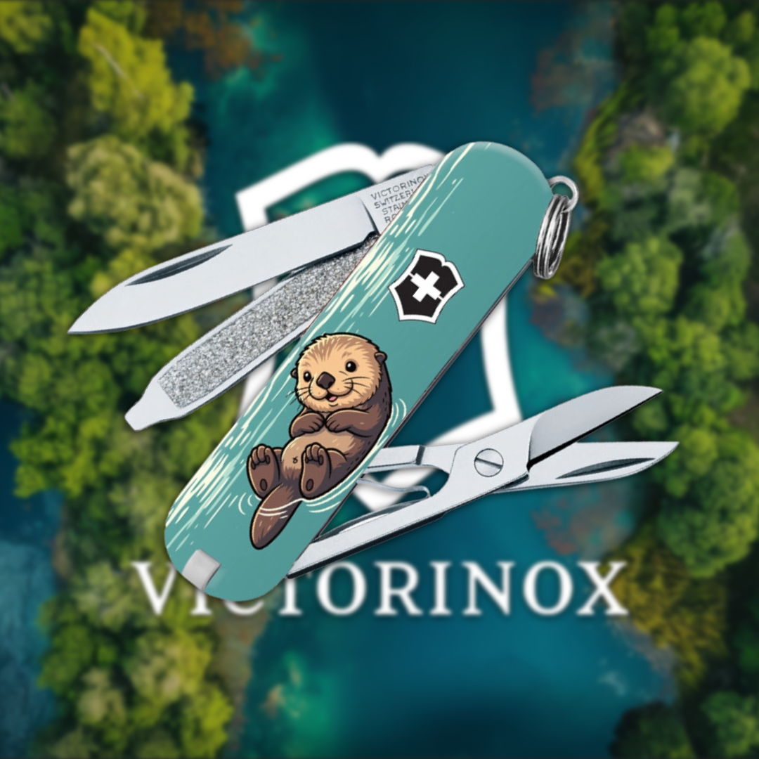 A Swiss Army knife featuring an otter design over a nature background.