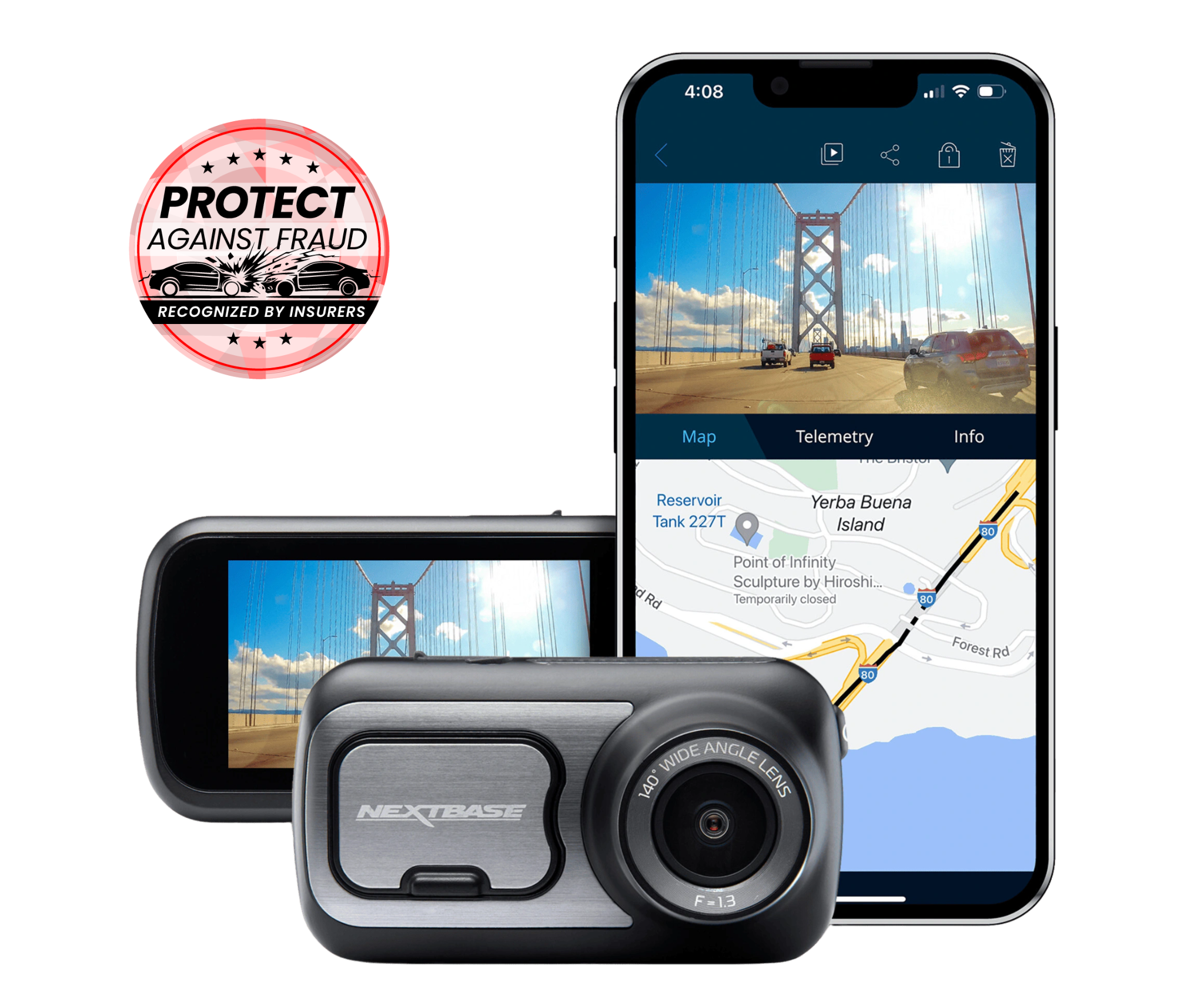 Camera and smartphone displaying navigation app with protective badge.