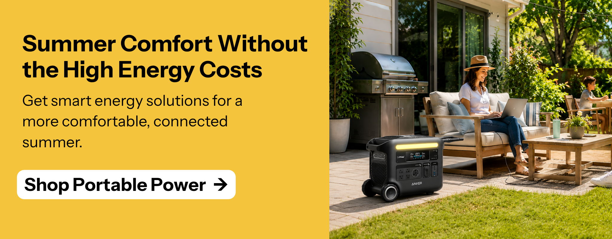 Summer comfort advertisement with a woman outdoors and portable power solutions.
