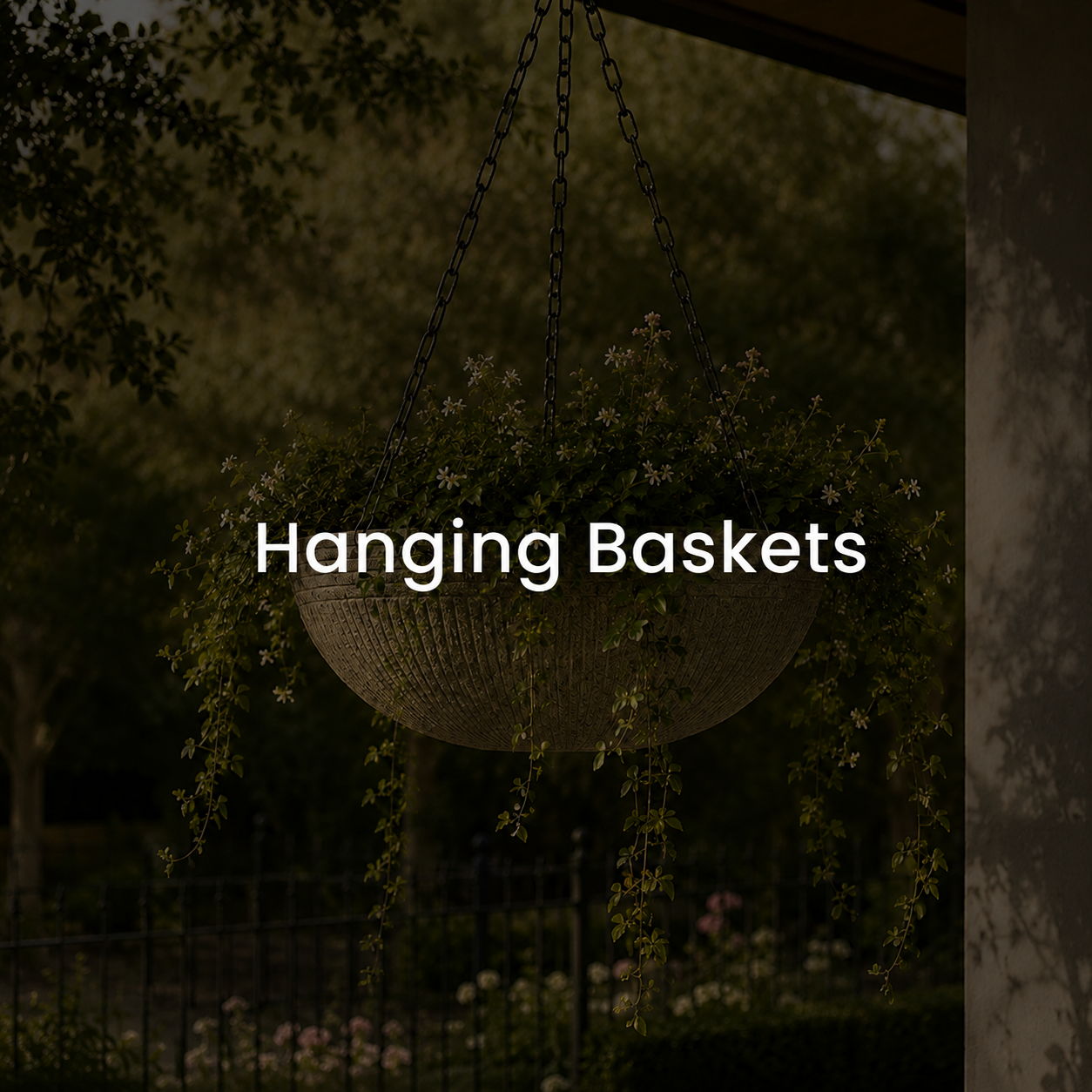 Hanging baskets adorned with greenery in a serene outdoor setting.