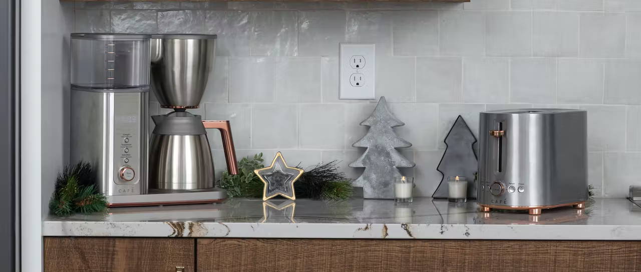 Cafe coffee maker and toaster on holiday counter