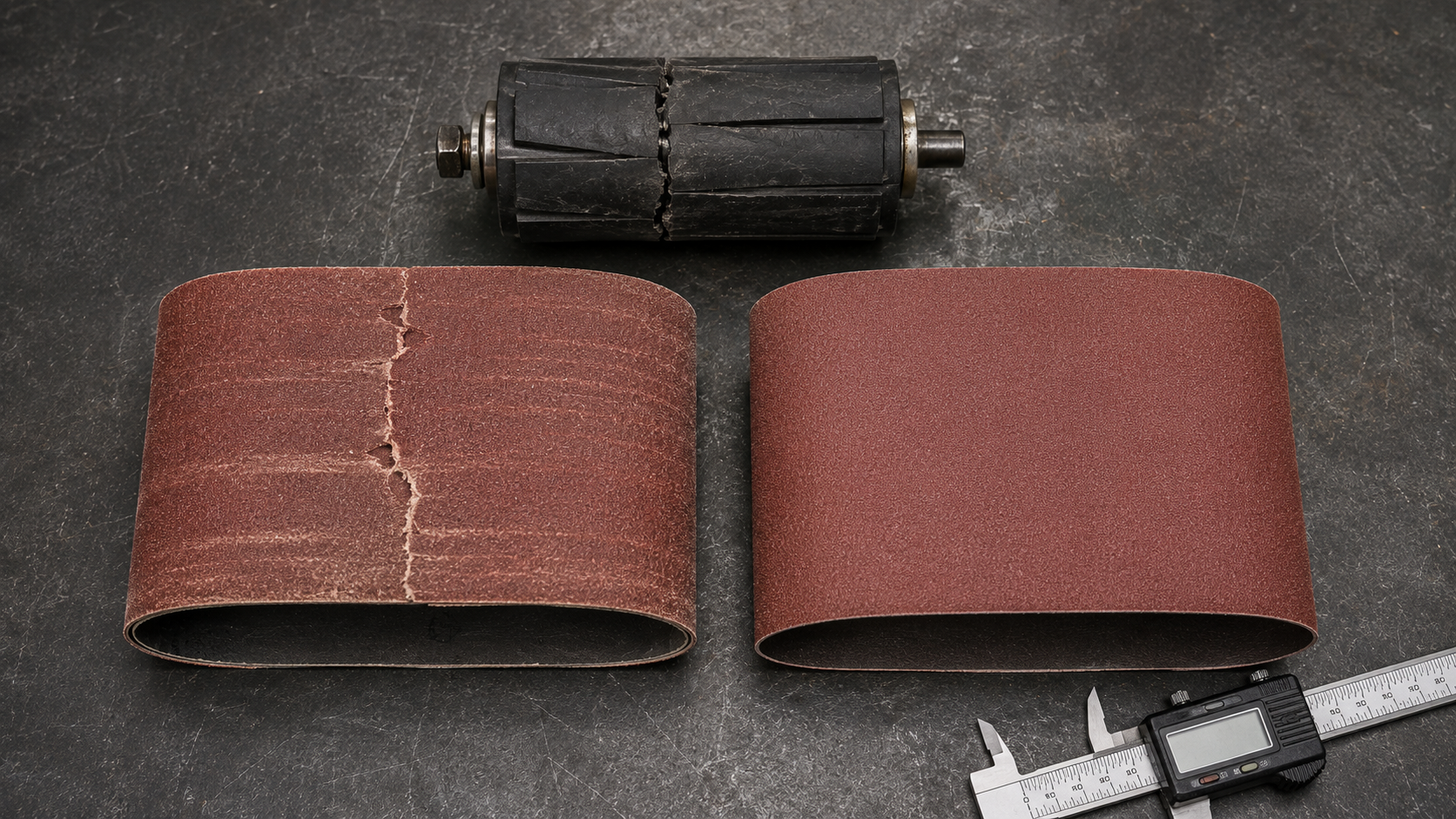 Overhead view of torn spiral abrasive band beside intact band, spent cracked rubber drum above them, digital calipers in lower right corner, dark steel workbench