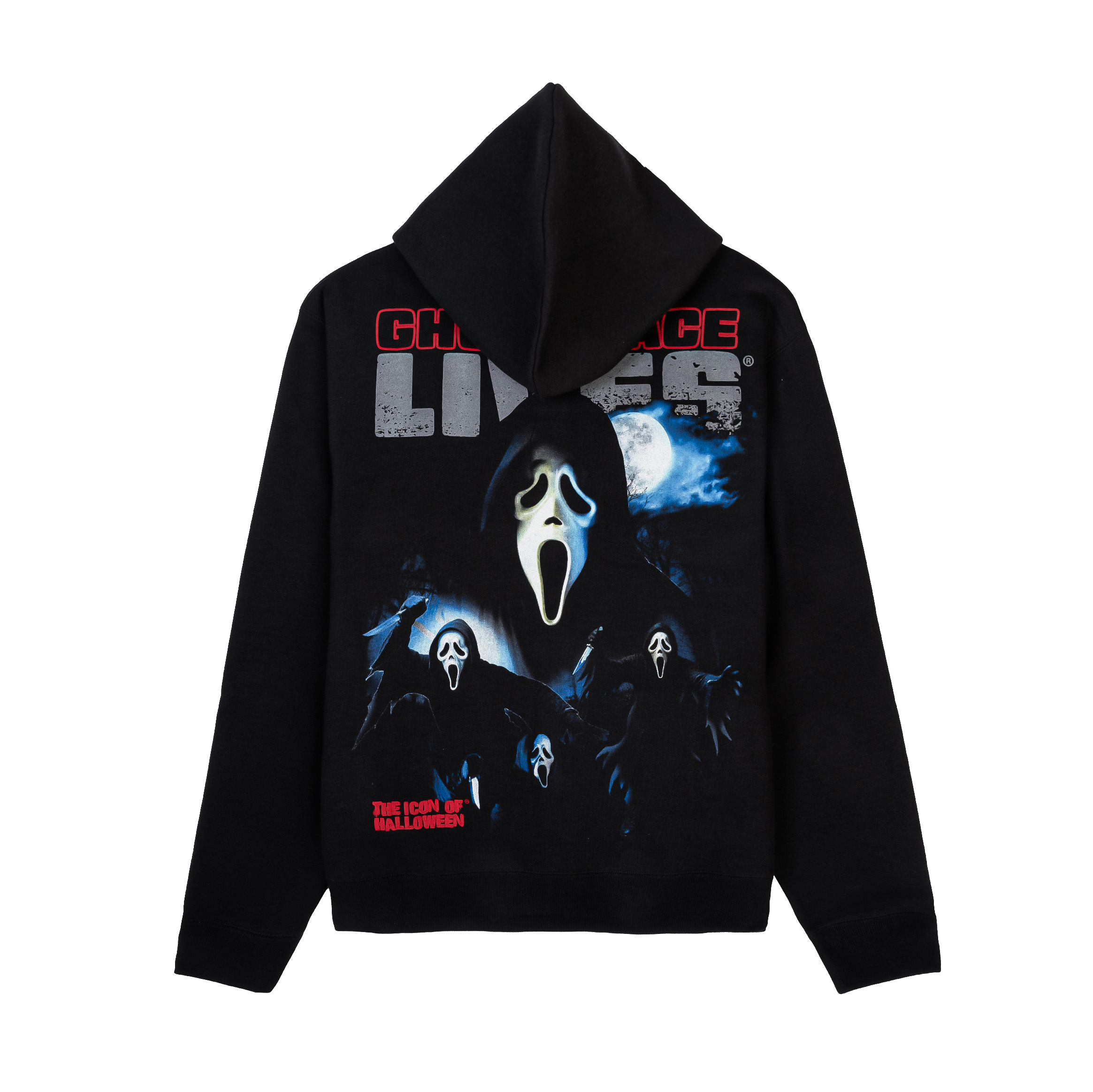 Black hoodie featuring a ghost mask and knife design.