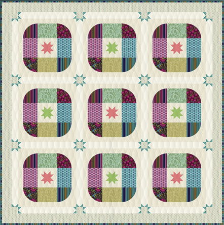 Colorful quilt design featuring nine patterned squares with floral accents.