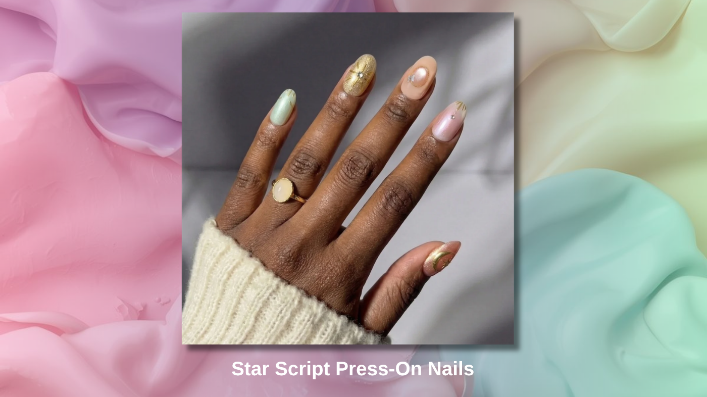 EyeCandys Star Script press-on nails in pastel peach and apricot tones for cute warm spring manicure inspiration