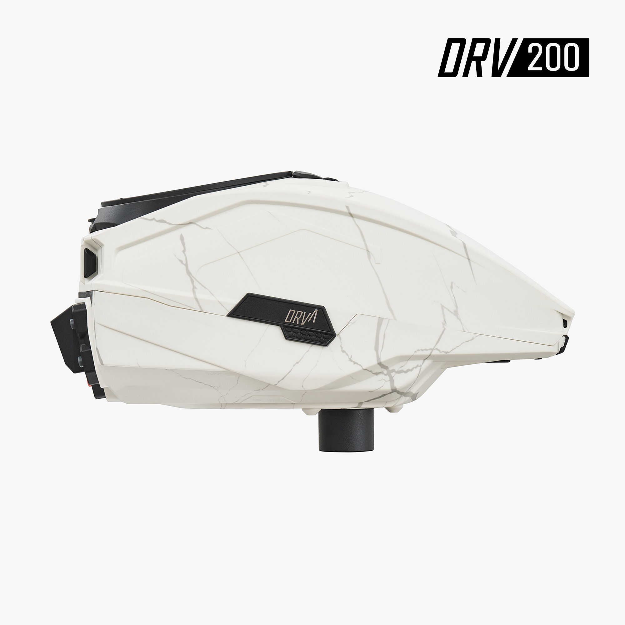 White paintball loader with a sleek design, labeled DRV 200.