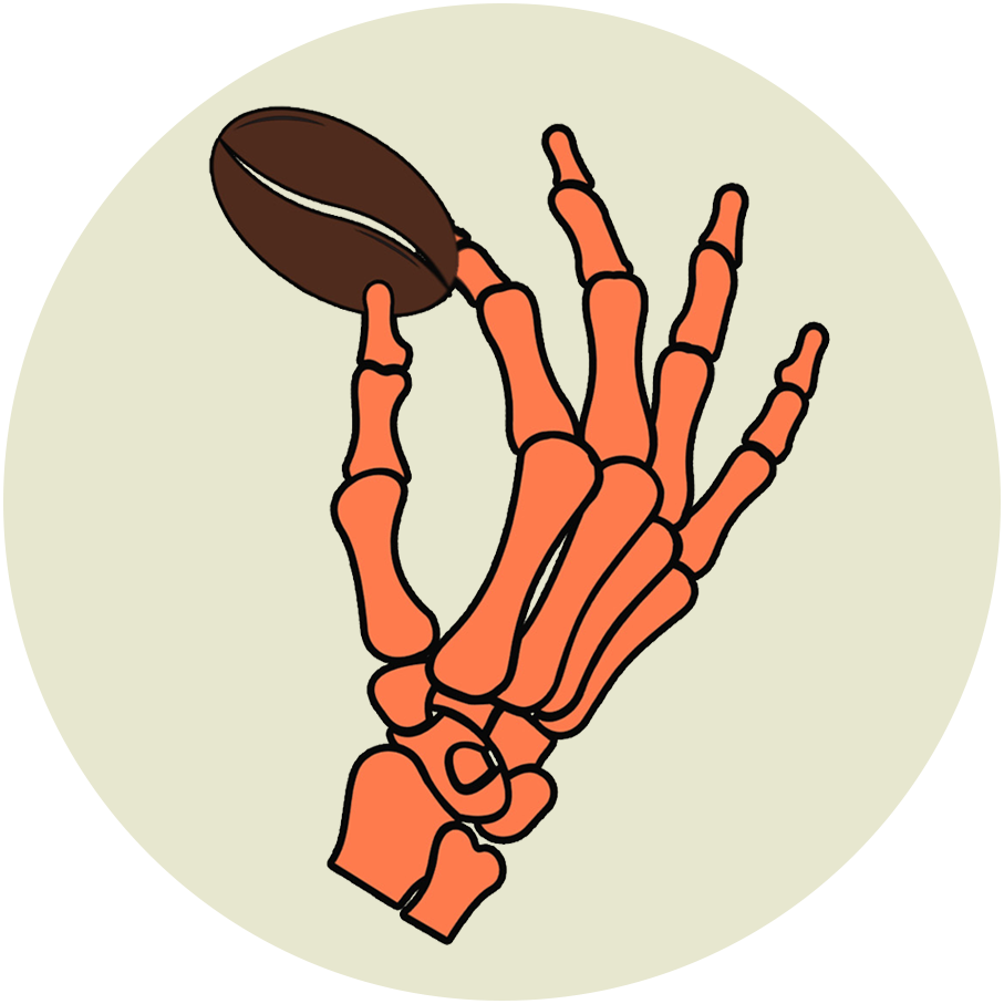 An orange skeleton hand pinching a coffee bean.
