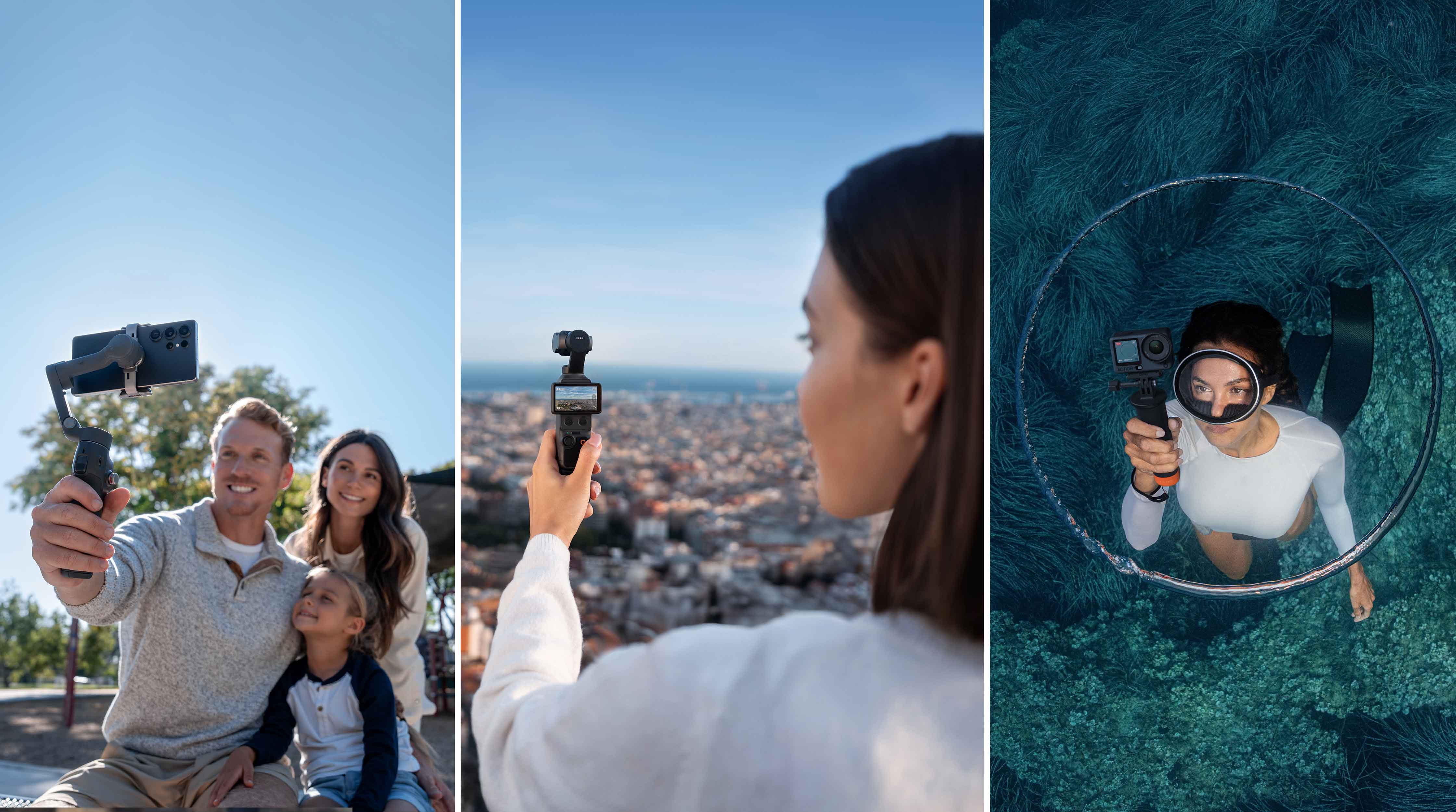 Three photos of people taking selfies in various locations with DJI devices.