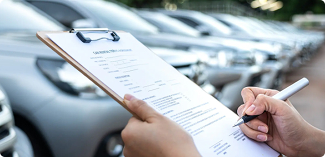 Person holding a clipboard while inspecting parked cars in a lot.