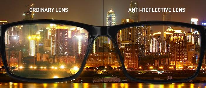 The difference of vision of the city through anti-reflective lens vs ordinary lens