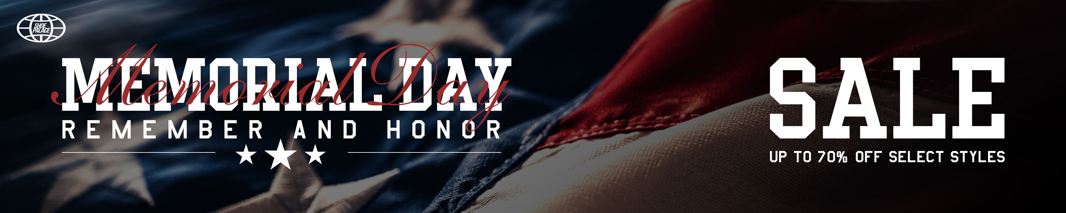 Memorial Day sale banner with patriotic colors and text.
