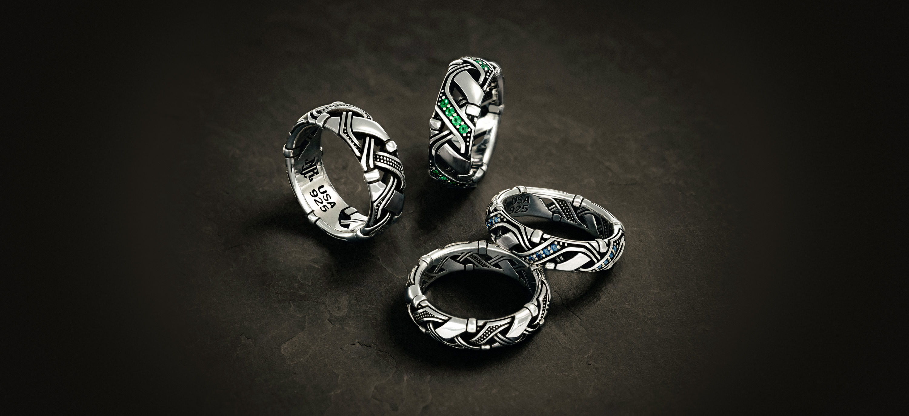 Valhalla Band - Shown in 6.5mm and 8.5mm Sterling Silver variants, with and without gemstones