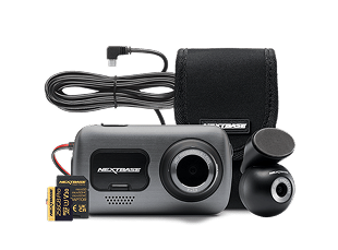 Camera kit with accessory cable, memory card, and protective case.