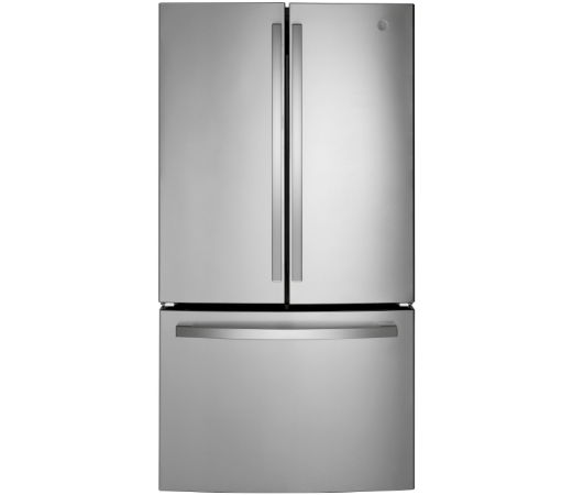 Stainless steel French door refrigerator with bottom freezer.
