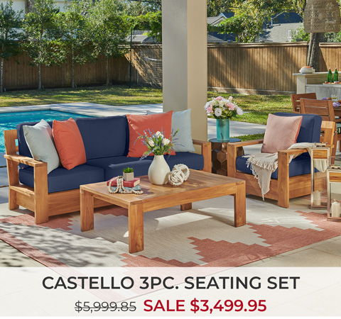 Outdoor seating set with cushions and flowers, promotional sale price displayed.