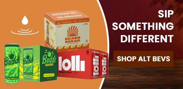 Promotional image for alternative beverages with various product packages.