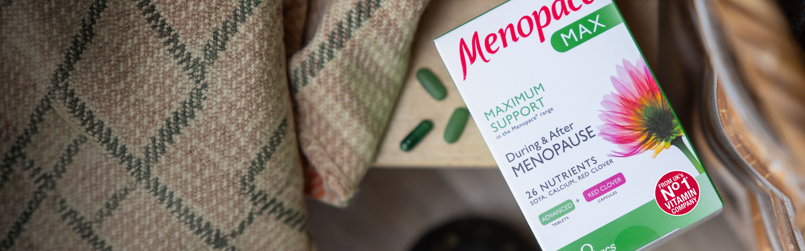  The menopause shouldn’t mean you have to slow down. Menopace Max provides 26 nutrients including vitamin and mineral tablets with Calcium, which contributes to the maintenance of normal bones. It also includes Red Clover and Green Tea capsules. 