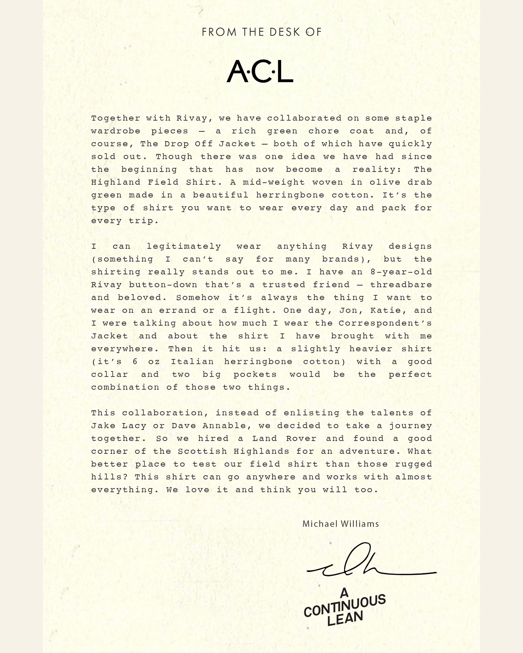 From the Desk of Michael Williams: The ACL X RIvay Highland Field Shirt