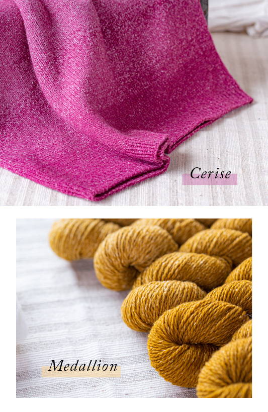 Top: The bottom of a hand knit pullover in Dapple Cerise draped over a wooden box. Bottom: Five skeins of Dapple yarn in color Medallion arranged in a row with the image cropped at an angle.