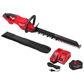 Red cordless hedge trimmer with battery and charger laid out.