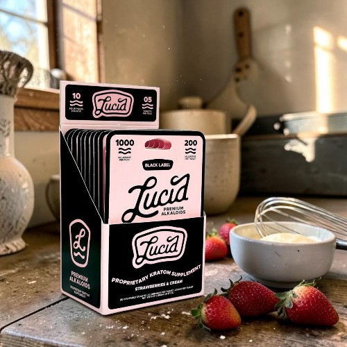 Box of Lucia products with strawberries and a bowl on a kitchen counter.