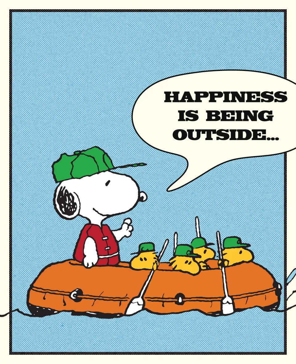 Snoopy in a boat with ducks, saying 