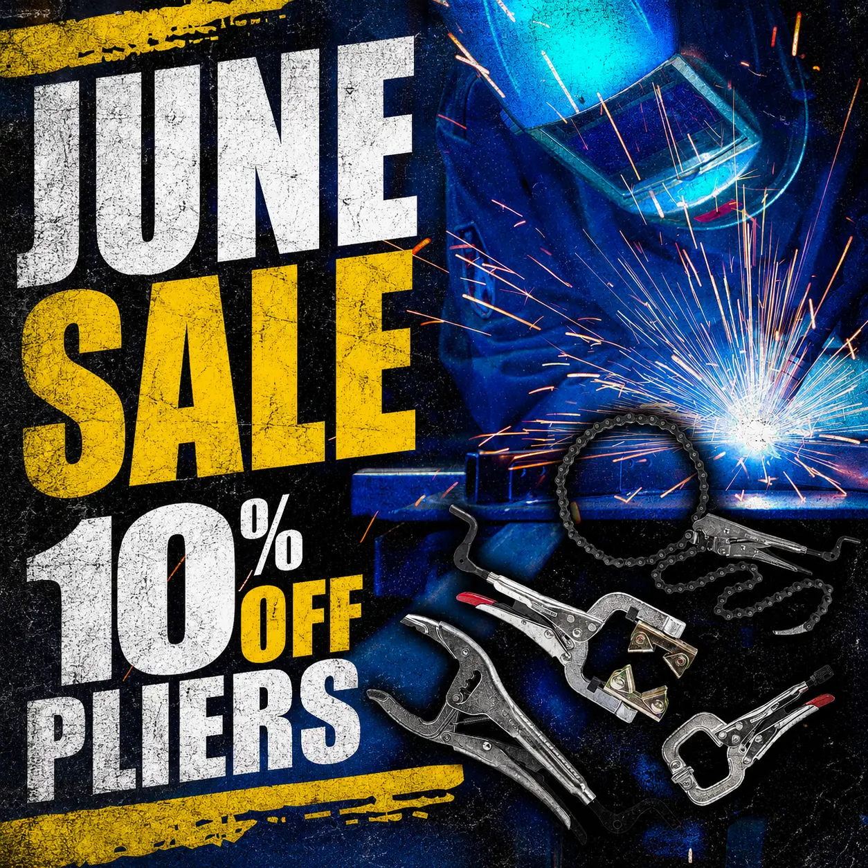 June sale: 10% off pliers with welding sparks background.