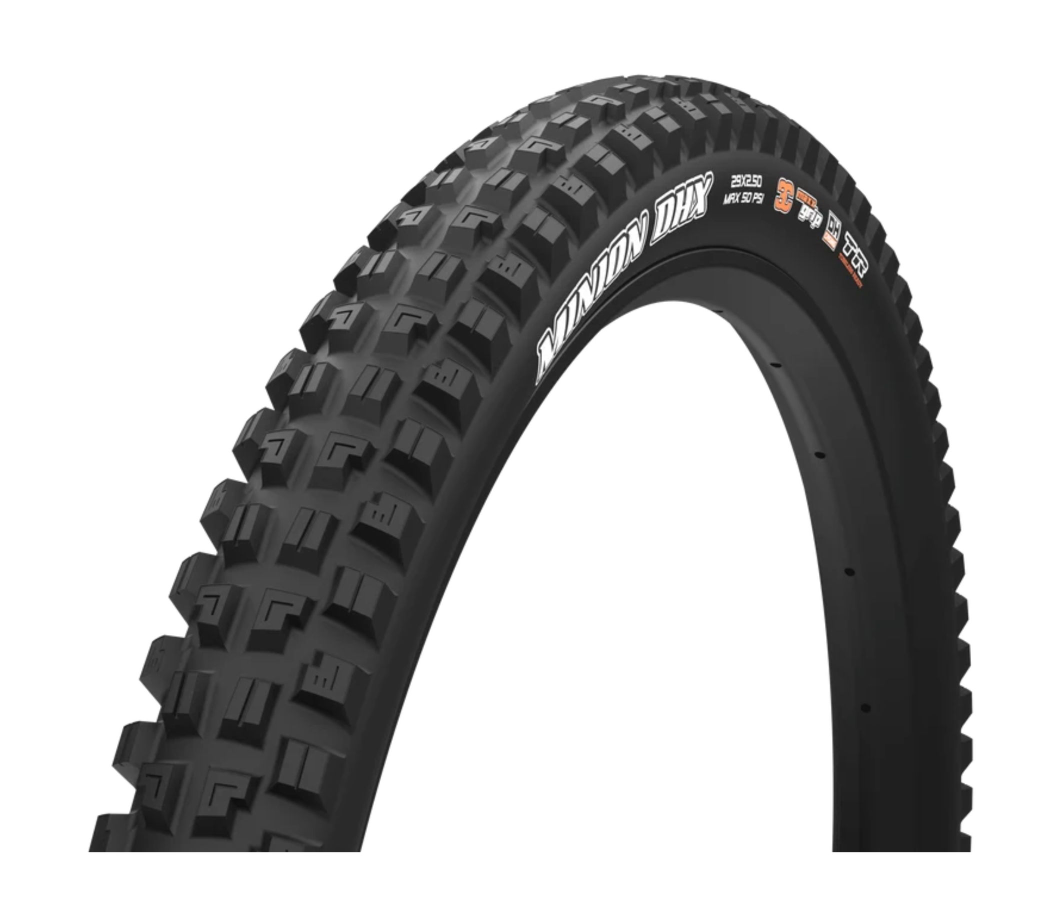 Black mountain bike tire with a textured tread pattern.