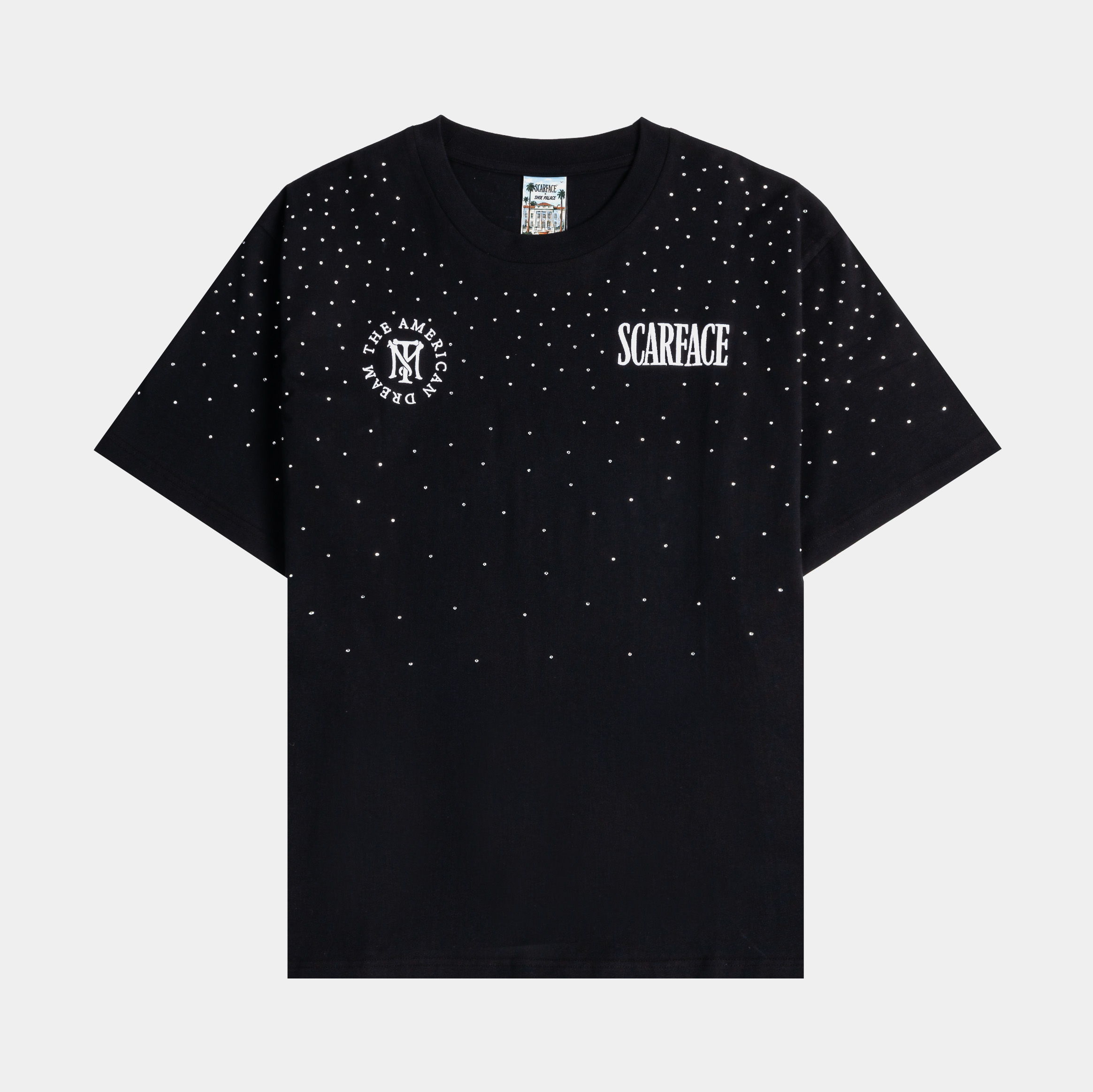 Black t-shirt with dotted pattern and 