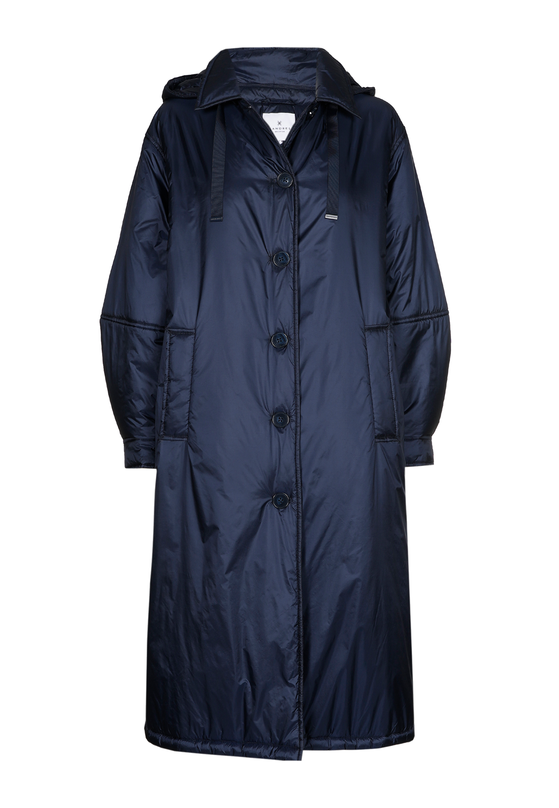 Navy blue long puffer coat with buttons and a hood.