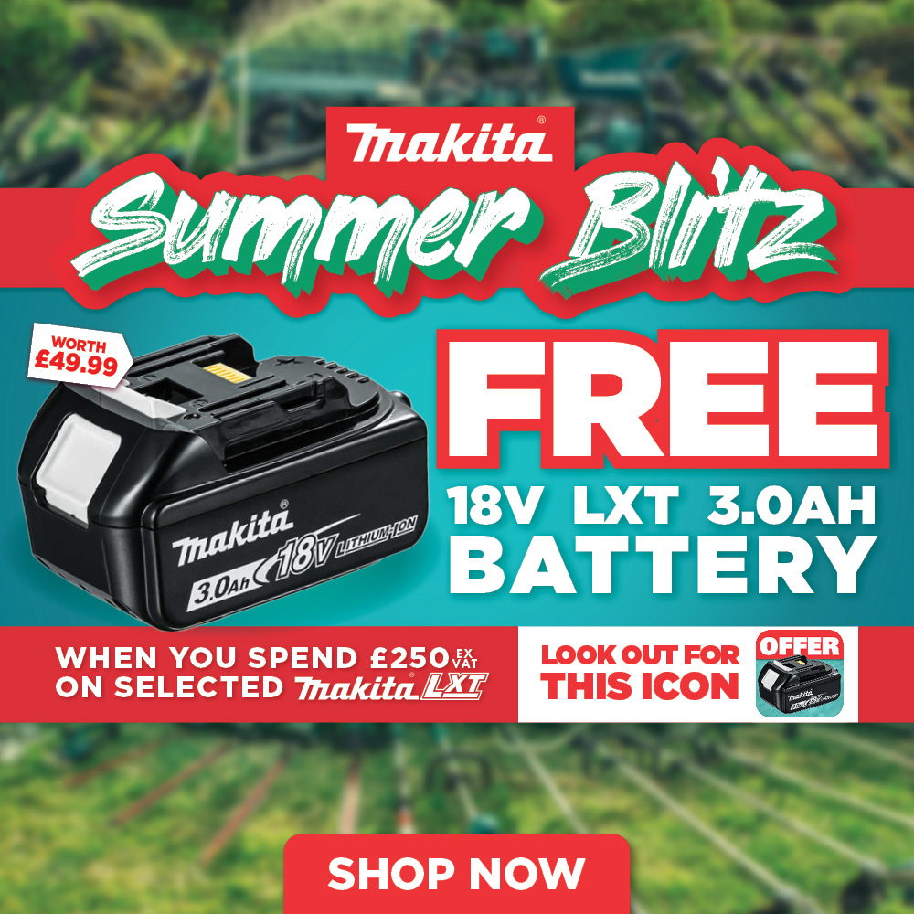 Makita Summer Blitz promotion for a free 18V battery with purchase.