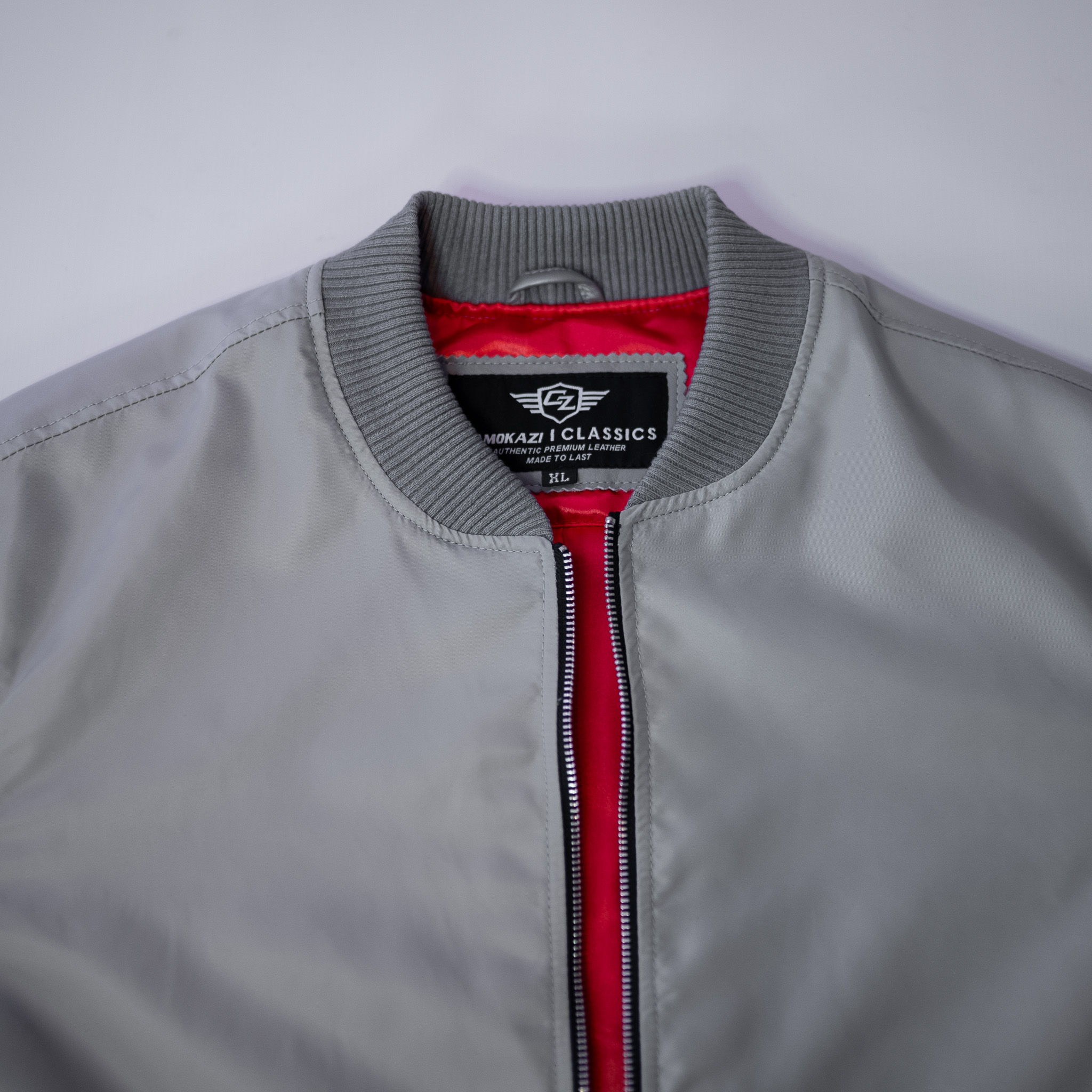Grey bomber jacket leather front