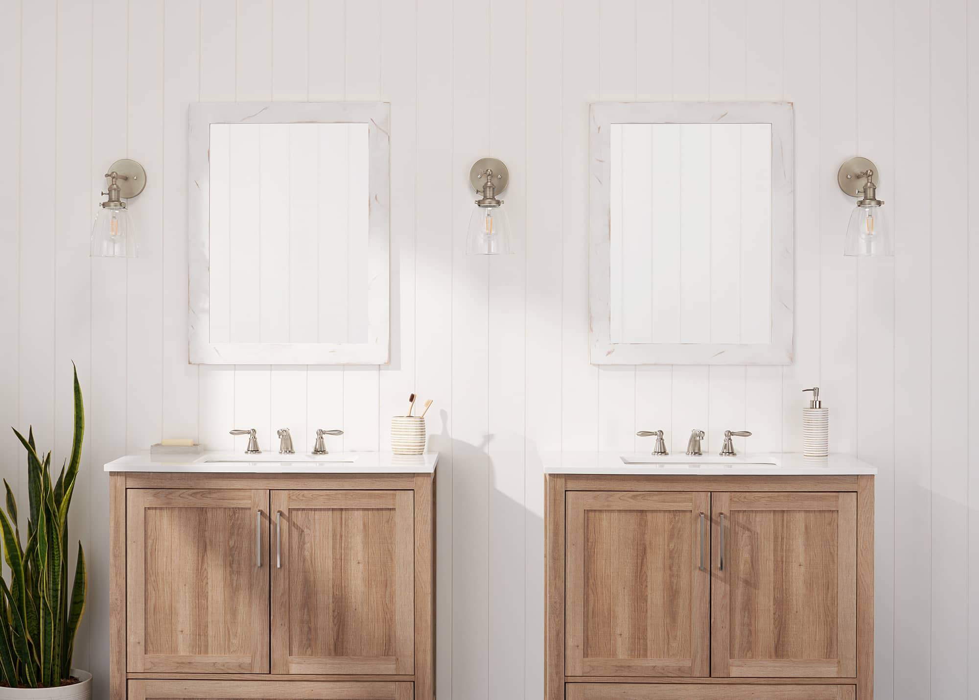 two farmhouse style vanity mirror with white wood frame
